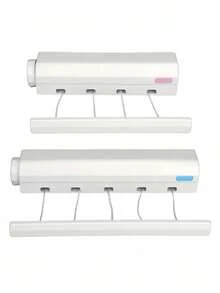 SHEIN 1pc Space Saving Retractable Clothesline With 4/5 Ropes, Wall Mounted Durable Plastic Drying Rack With Towel Bar And Hooks, Portable Clothes Drying Rack - White - View 6