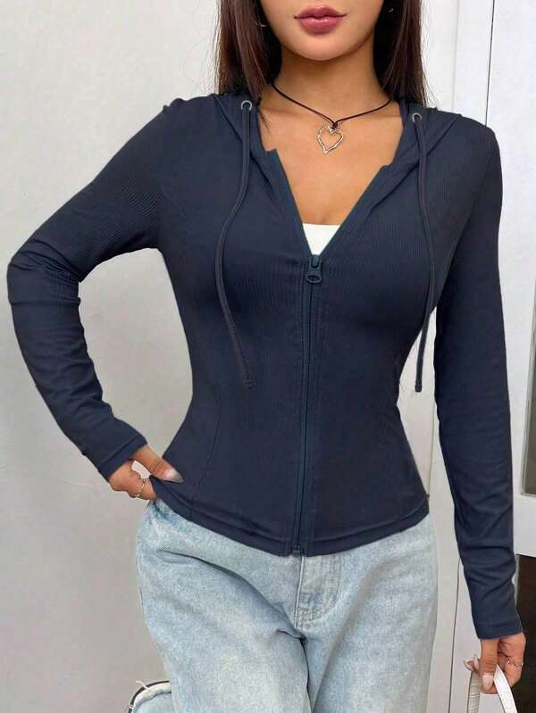 SHEIN EZwear 秋冬女士连帽拉链卫衣