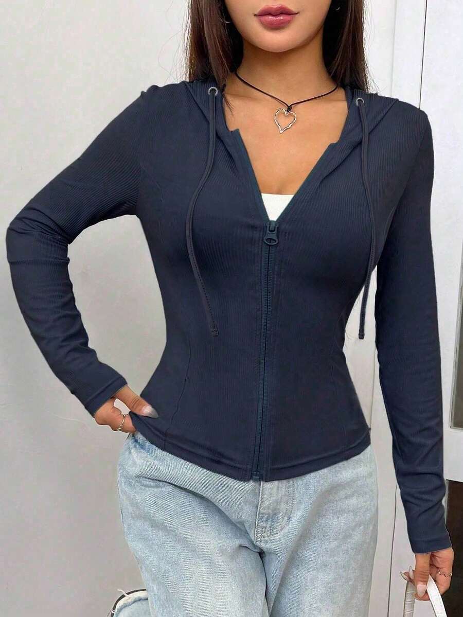 SHEIN EZwear Women's Hooded Zippered Sweatshirt In Fall/Winter - Navy Blue - View 1