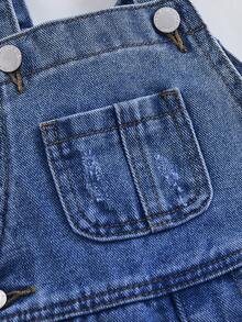 SHEIN 女婴可爱宽松蓝色牛仔背带裤秋冬装，街头酷炫风格牛仔服 - 深色水洗藍 - 查看 5