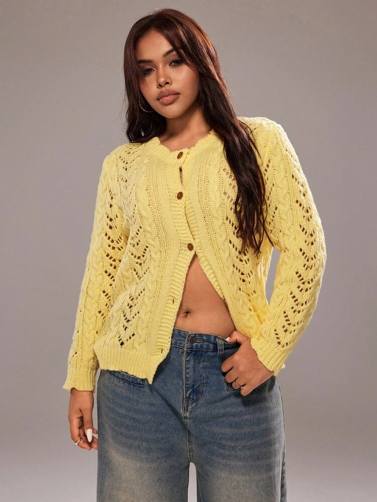 Rustia Plus Size Women Casual Crew Neck Single-Breasted Cable Knit Cardigan, Cream Yellow Fall Winter Cloth For Women Autumn - Yellow - View 3