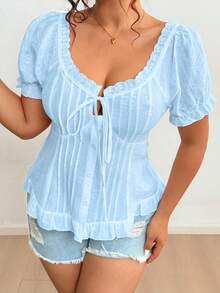 Sunnyshic Plus Size Ruffle Trim Knot Front Blouse