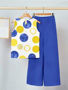 SHEIN Clasi Bộ 2 áo ba lỗ cổ tròn họa tiết chấm bi và quần ống rộng thoải mái cho nữ, phù hợp cho mùa hè - Nhiều màu - Xem 2