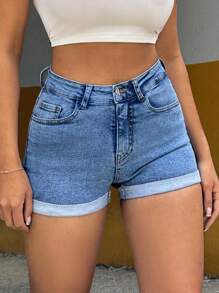 RueChic 98%Cotton Elastic Low Waist Folded Hem Detailed Shorts - Medium Wash - View 7