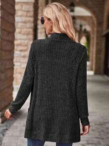 SHEIN LUNE Cárdigan de punto con bolsillo de unicolor minimalista y casual, adecuado para primavera y otoño - Gris Oscuro - Ver 2