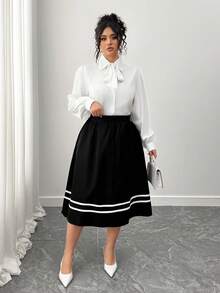 Elenzga Plus Size Women Casual Minimalist Color Block Trim Skirt - Black - View 6