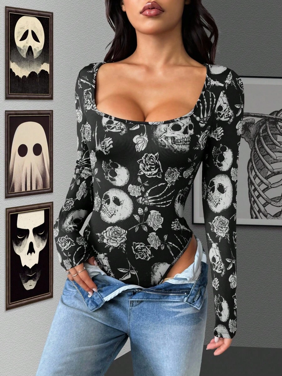 INAWLY Long Sleeve Skull Skeleton Rose Halloween Graphic Bodysuit Fall ...