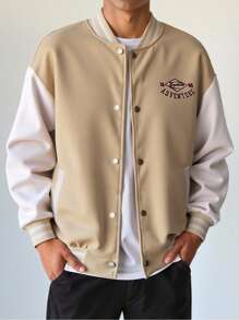 SHEIN Teens Youth Casual Baseball Varsity Jacket,Embroidery Contrast Collar,Versatile For Back-To-School,Autumn,Graduation,Spring Summer Fall Winter Sports - Apricot - View 1