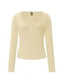 Rafferiza Áo thun dài tay viền ren ngọt ngào dành cho nữ, áo thun trắng 3 nút dáng ôm vừa vặn, thường ngày, vải mặc mùa hè, áo dài tay màu vàng nhạt, áo viền ren, áo len trắng cho nữ, áo nữ, áo vàng bơ cho nữ - Vàng nhạt - Xem 6