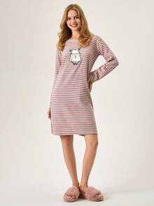 EURMUSE Damen Große Größen Baumwolle Rippstrick Kontrast Bindung mit süßer Tier Stickerei Detail Langarm Schlaf Pyjama Kleid