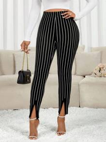 SHEIN Lady 女式纽扣腰设计松紧腰紧身休闲裤 - 彩色 - 查看 4