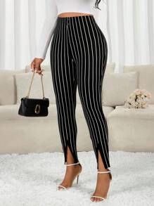 SHEIN Lady 女式纽扣腰设计松紧腰紧身休闲裤 - 彩色 - 查看 5