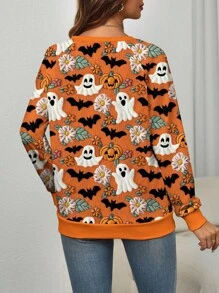 EMERY ROSE Orange Ghost, Pumpkin, Bat Graphic Print Halloween Raglan Long Sleeve Plus Size Sweatshirt Fall Cloth For Women Winter Autumn - Multicolor - View 2
