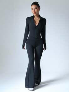 Dewbera 女式简约纯色拉链夹克和高腰喇叭裤运动套装 - 黑色 - 查看 3