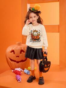 GARFIELD | SHEIN Young Girls' Khaki Sweatshirt With Cartoon Cat And Pumpkin Candy Patterns, Suitable For Autumn, Winter And Halloween - Khaki - View 7