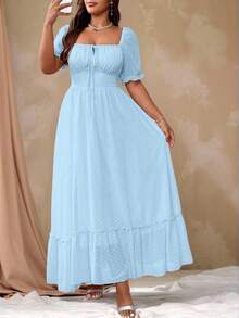 Flirla Vestido largo con escote cuadrado, lazo, volantes en el bajo, color rosa romántico y dulce, para usar en Pascua, talla grande