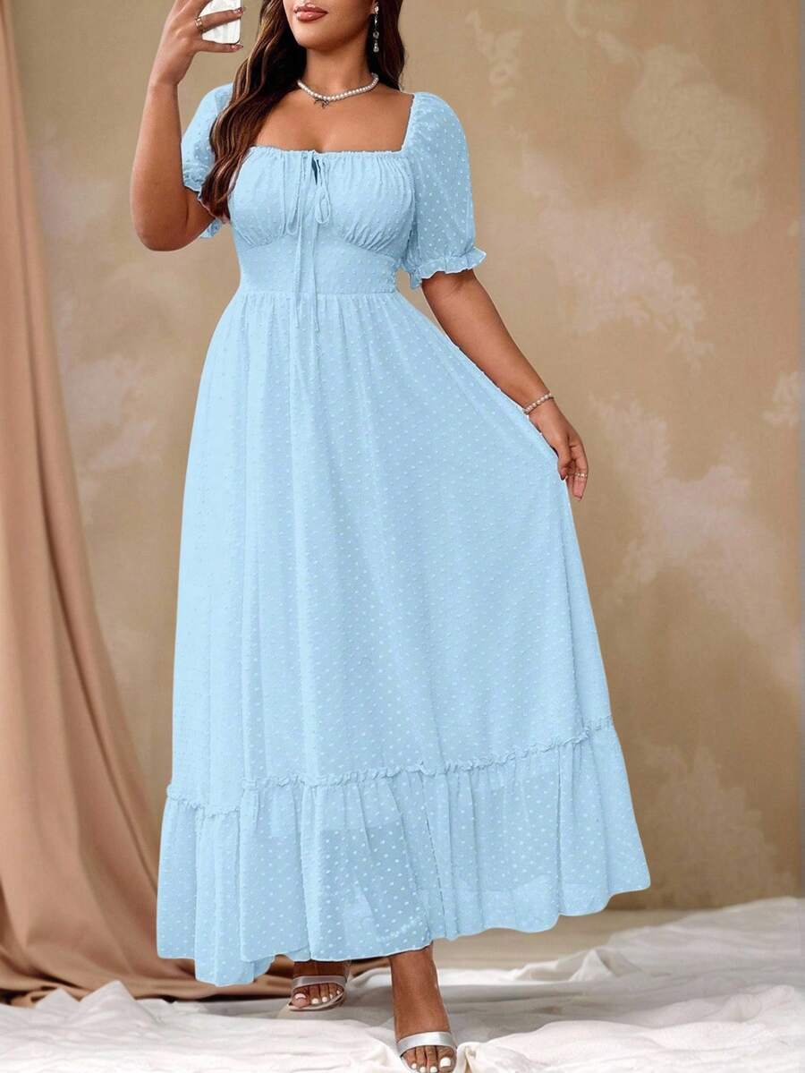 Flirla Vestido largo con escote cuadrado, lazo, volantes en el bajo, color rosa romántico y dulce, para usar en Pascua, talla grande