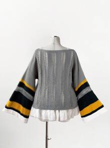 Sunspun Áo len chui đầu kẻ sọc màu tương phản cỡ lớn cho nữ, thiết kế mới cho mùa thu/đông - Xám - Xem 2