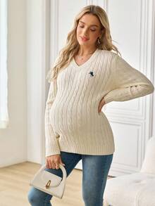 SHEIN Maternity Knight Pattern V-Neck Long Sleeve Casual Sweater, Autumn - White - View 6