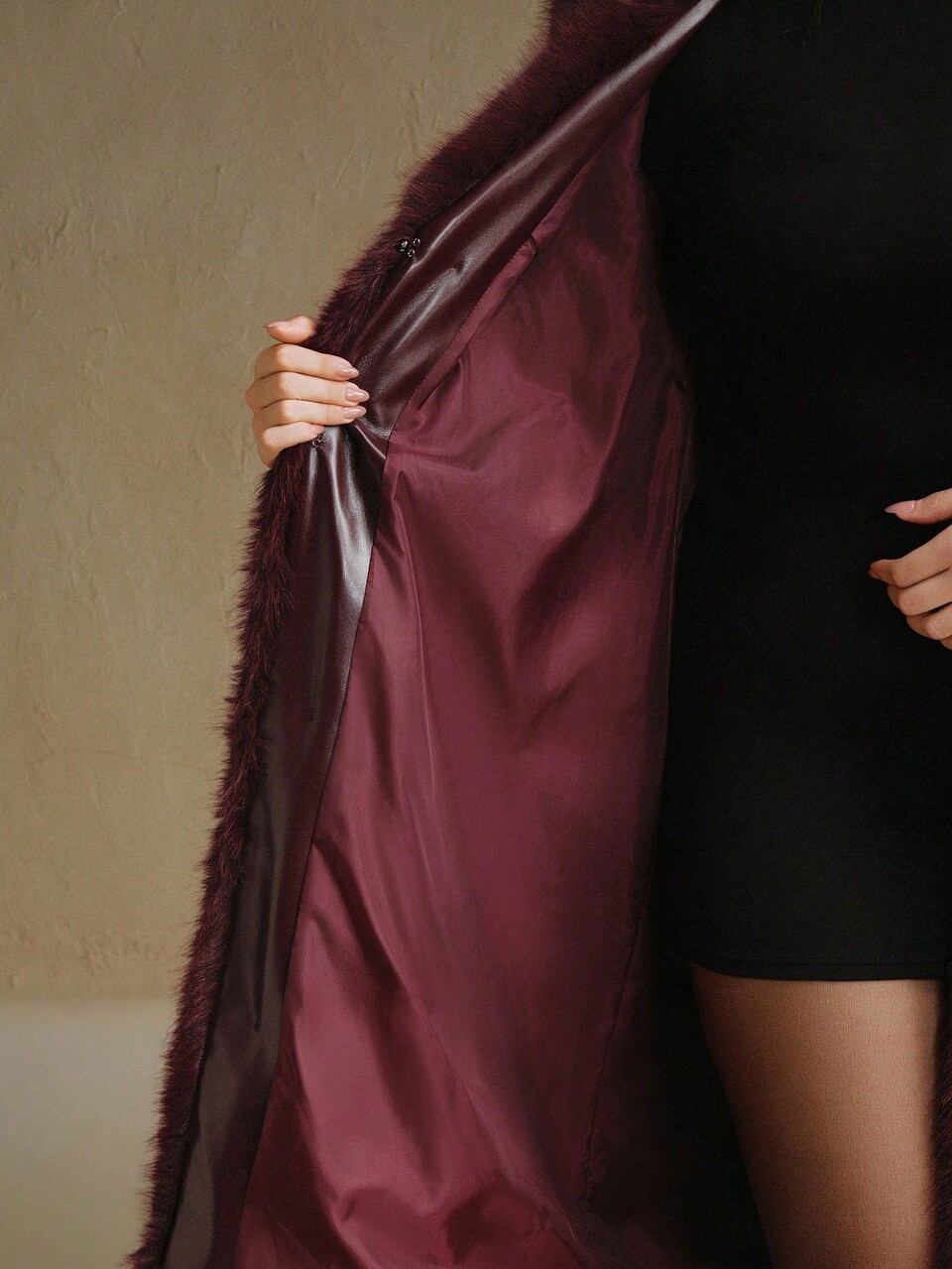 Anewsta Elegant Women's Faux Fur Trim Burgundy Longline Coat With Belt For Fall Winter Chic Style