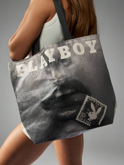 Missguided x Playboy 大容量现代生活方式杂志封面风格帆布手提包，适合购物海滩日常必需品时尚艺术
