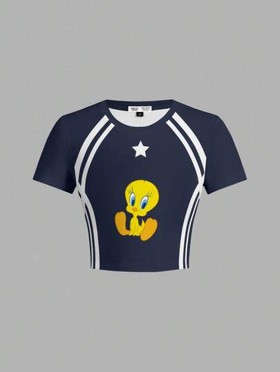 LOONEY TUNES X SHEIN Women Summer Comfortable Casual Cute Cartoon Tweety Print Navy Blue Contrast Striped Crew Neck Short Sleeve Cropped Sports T-Shirt