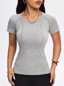 Dewbera 女士休闲透气插肩袖修身运动T恤，夏季无缝衬衫健身衫 - 灰色 - 查看 1