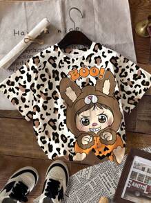 SHEIN Happikins 4pcs/Set Young Girl Cute Halloween Rabbit Bubu Bow Floral Print Kawaii Anime Style Casual Minimalist Round Neck Short Sleeve Basic T-Shirt, Suitable For Spring/Summer - Multicolor - View 6