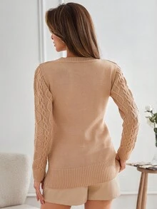 SHEIN Tall Tall Size Women Round Neck Cable Knit Sweater For Autumn And Winter - Apricot - View 2