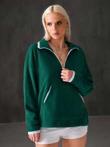 EURMUSE 女士、秋季、冬季、运动衫、蓝色、蕾丝撞色、超大、拉链、口袋 - 綠色 - 查看 7