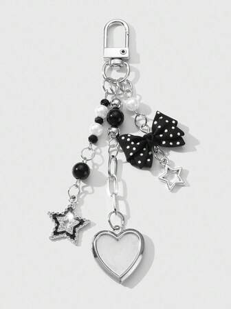 Kawaii 1pc Minimalist Elegant Acrylic Resin Faux Pearl Bowknot Rhinestone Hollow Star Heart Shaped Openable Photo Frame Pendant, Keychain & Bag Charm, Suitable For Women, Gift For Holidays