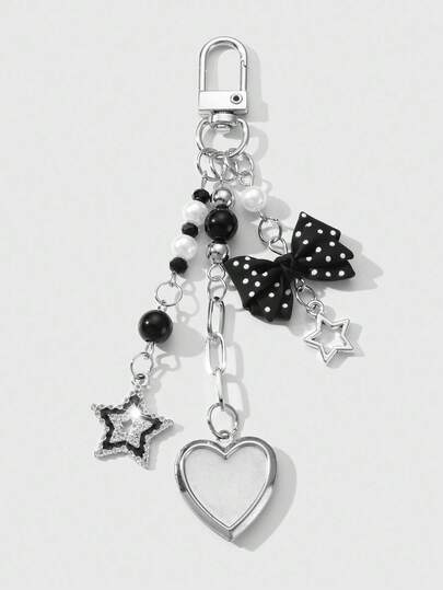 Kawaii 1 pièce Cadre photo ouvrable minimaliste et élégant en résine acrylique avec faux perle, nœud papillon, strass, étoile creuse en forme de cœur. Pendentif, porte-clés et charm de sac. Convient pour les femmes, cadeau pour les fêtes