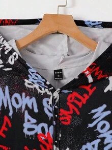 Men's Long Sleeve & Pants Hooded Jumpsuit With Smiling Face Graffiti Elements, In Red & Blue Colors, Combining Vibrant Street Style, Casual & Exaggerated Dynamic Look Hooded Pajamas, Fall