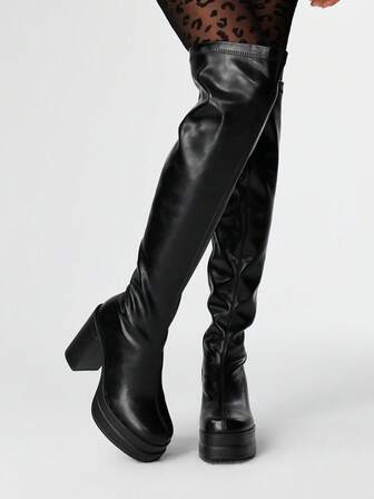 Goth Women's Outdoor Square Toe PU Molded Sole Black PU Fabric Fashion Minimalist Comfortable Daily Party Nightclub Side Zipper Over-The-Knee Boots