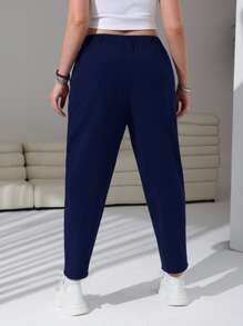 SHEIN EZwear Plus Size Casual Versatile Navy Blue Tapered Pants Plus Size Navy Blue Pants Plus Size Joggers Women Casual Pants Navy Blue Elastic Waist Pants Blue Plus Size Pants