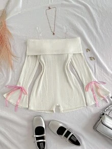 SHEIN Tween Girl Fitted Casual Minimalist Comfortable Off Shoulder Contrast Color Bowknot Jumpsuit