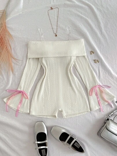 SHEIN Tween Girl Fitted Casual Minimalist Comfortable Off Shoulder Contrast Color Bowknot Jumpsuit