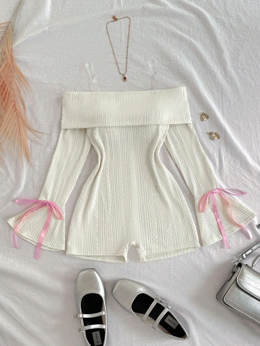 SHEIN Tween Girl Fitted Casual Minimalist Comfortable Off Shoulder Contrast Color Bowknot Jumpsuit