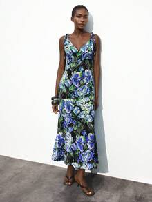 Maija 女式 U 领系带腰优雅花卉印花缎面长裙，休闲度假连衣裙，适合通勤、商务、办公室、教师、万圣节、圣诞派对、海滩度假 - 紫色 - 查看 7