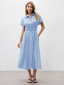 BizChic 蓝色翻领纽扣衬衫裙，现代优雅都市通勤日常浪漫90年代复古风，适合圣诞节、新年、情人节派对、海滩、毕业典礼、时尚、休闲、浪漫场合，也适合婚礼宾客、主人、约会、派对、音乐会、早午餐、机场等多种场合。 - 淺藍色 - 查看 6