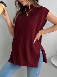 SHEIN Maternity Casual Commuter Solid Color Stand Collar Side Slit Knit Vest