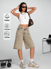 RueChic Women Y2K Style Solid Color Denim Shorts, Fashionable For Summer Women Summer Clothing Women S Clothes Women Clothing Y2k Women Summer Sets Women Plus Clothing Shorts - Beige - View 1