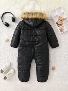 SHEIN 年轻女孩纯色休闲仿皮草连帽连体裤 - 黑色 - 查看 2