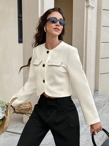 SHEIN Frenchy 休闲通勤犬牙纹短款外套，秋季，时尚，优雅，商务休闲，外出，教师，返校季冬季 - 杏色 - 查看 7