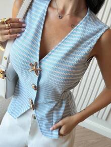 Firerie Women's New Elegant Blue And White Striped Sleeveless Round Neck Blouse With Metal Decor, Casual Office Wear, Autumn/Winter, Commuting, Elegant, Layering For Fall - Blue - View 4