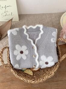 SHEIN Young Girls' Fashion Design Cute And Elegant Lady Gray Long-Sleeve Floral Patterned Casual Knitted Sweater, Suitable For Autumn And Winter Wear, Appropriate For Both Indoor And Outdoor Settings, Warm And Fashionable, Simple Style, Suitable For Indoor, Outdoor, Daily Wear, Sports, Playing, Parties, Photography, Vacations, And Holiday Occasions.