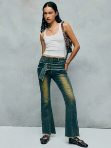 TypaGal Women's Autumn/Winter Casual Flared Jeans With Pockets And Eyelet Button Design - Dark Wash - View 5