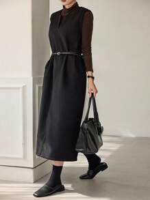 Dazy-Less Women's Loose Business Casual Sleeveless Midi Dress, Suitable For Office Commute, Autumn/Winter - Black - View 7