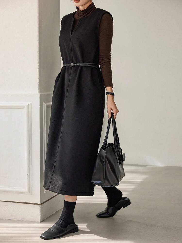 Women's Loose Business Casual Sleeveless Midi Dress, Suitable For Office Commute, Autumn/Winter