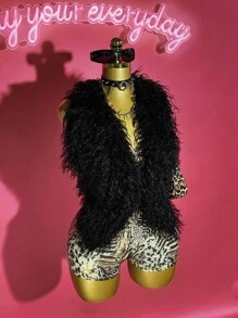 Slaydiva 2025春夏新款波西米亚音乐节,乡村风,洋气,海边度假,休闲,前卫,派对,可爱甜美,千禧一代,Y2k,性感火辣女孩,黑色皮草,毛绒材质,露背,露背,系带,无袖,超短背心,搭配豹纹,斑马纹,卡其棕色闪亮弹力针织紧身衣,修身,超短裤,热裤,女士两件套-B - 彩色 - 查看 4